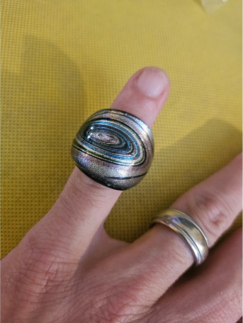 Art Ring with Blue Green Swirl chunky Ring - size and origin unknown - as shown